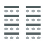 Two columns of tables with three chairs on either side. 