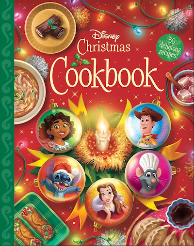 Full color image of Disney characters and holiday themed food. 