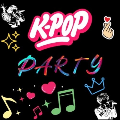 Image of black background with neon symbols that reads K-Pop Party