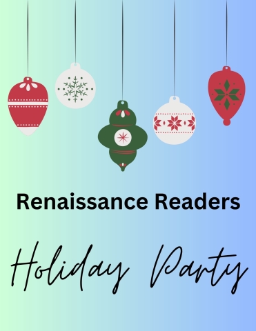 Renaissance Readers Holiday party image - ornaments on a blue/green background