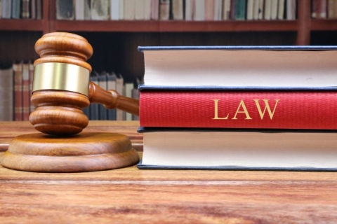 photo of a gavel on a table next to a stack of law books