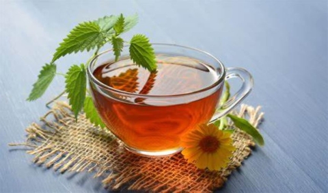 photo of a cup of herbal tea with a flower by it and herbs sticking out