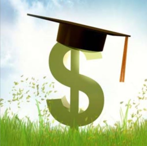 dollar sign on a grassy field with a graduation cap and tassel on top