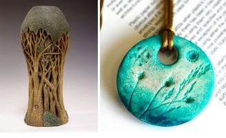 photo of a carved clay vase and necklace