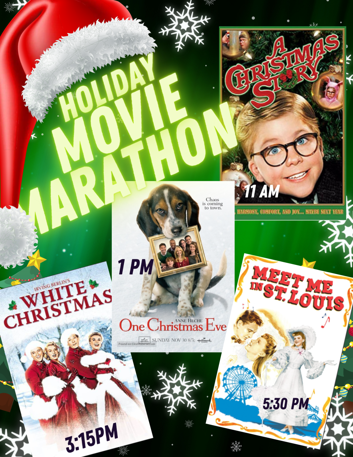 Photo of a flyer with four different movie posters on it and the words "holiday movie marathon"