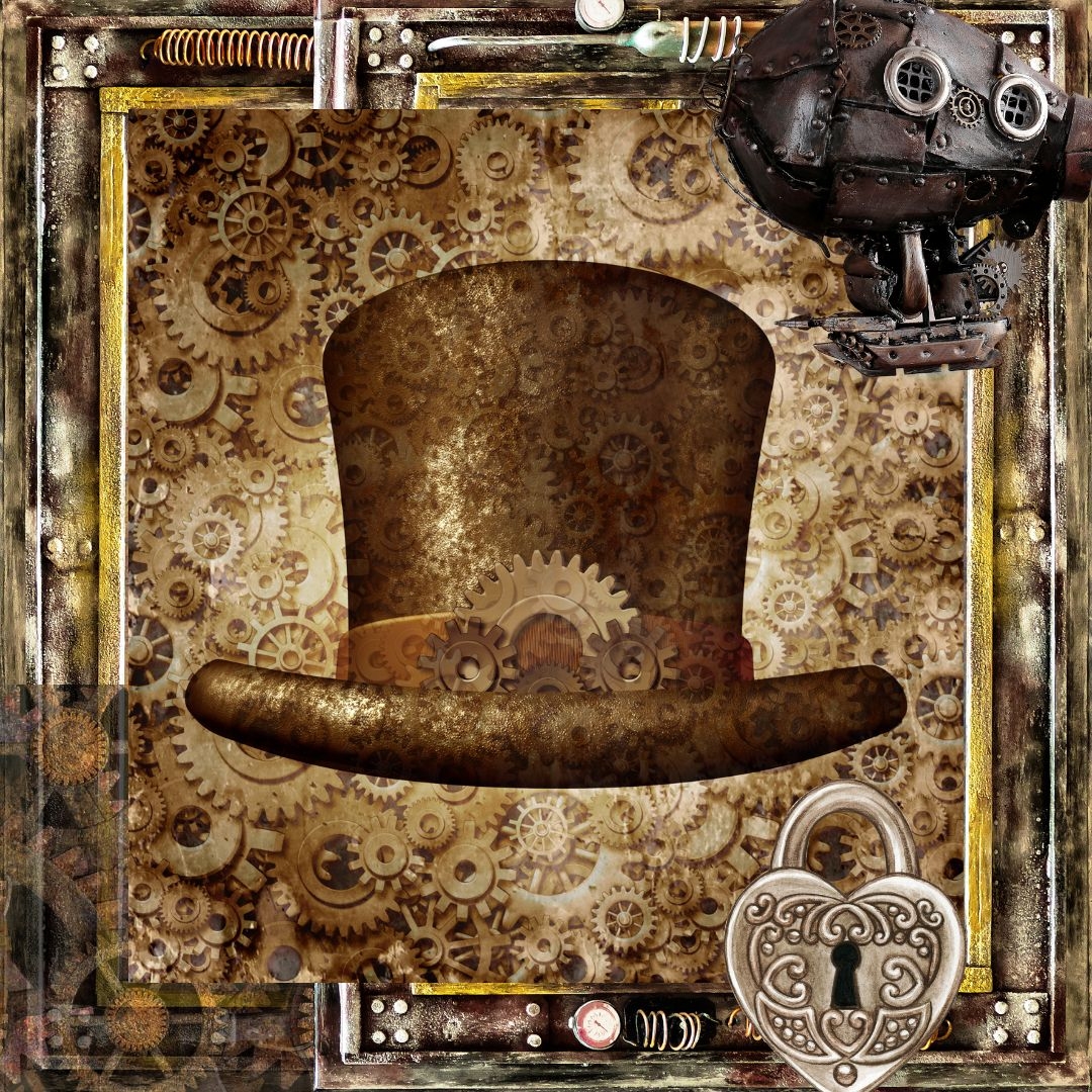 Image of top hat, dirigible, locket in sepia tones